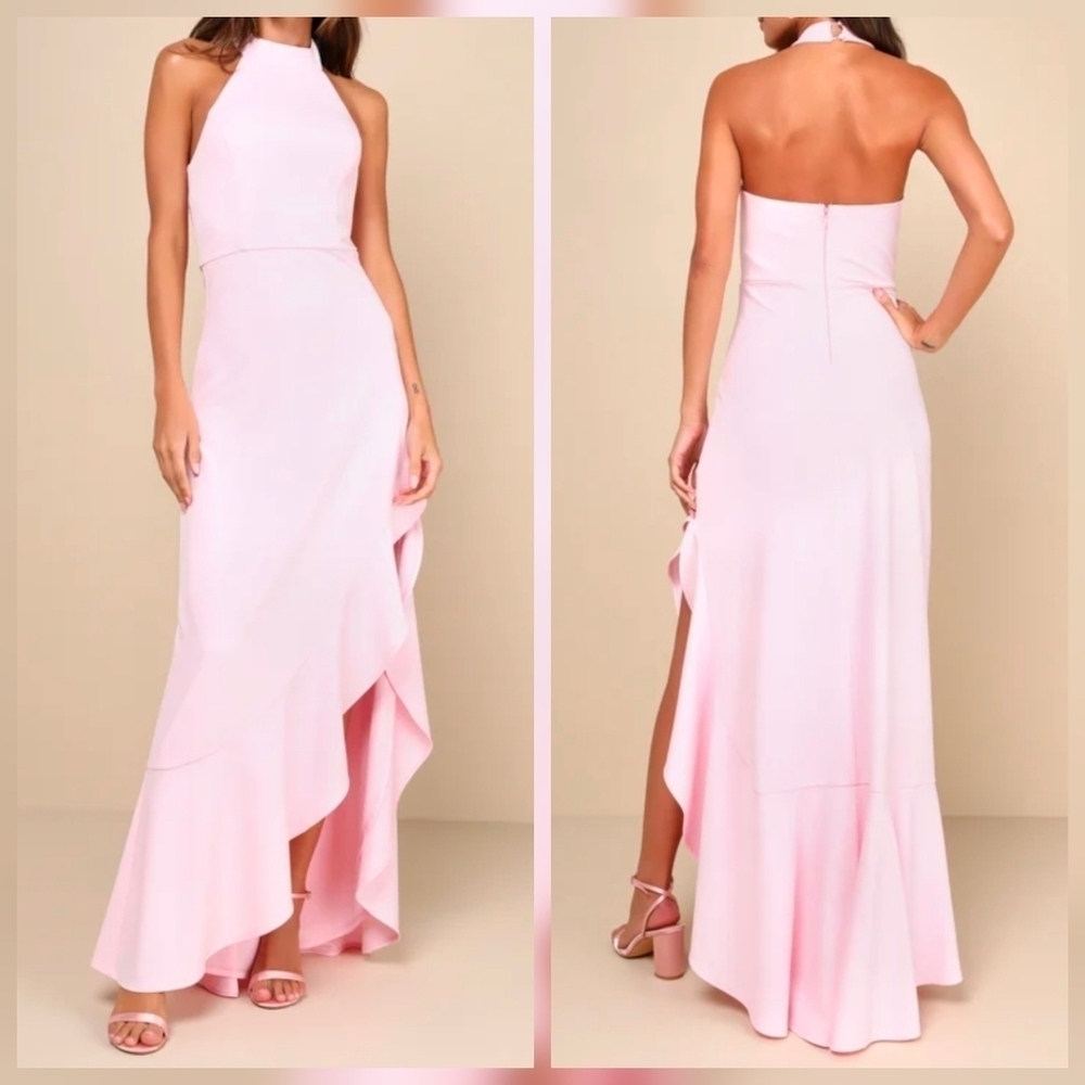 Lulus Majestic Perfection Light Pink Ruffled Halter Maxi Dress, Size Medium